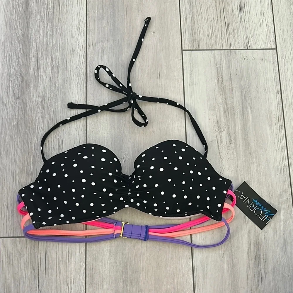 California Waves black polka dot bikini swim top size small